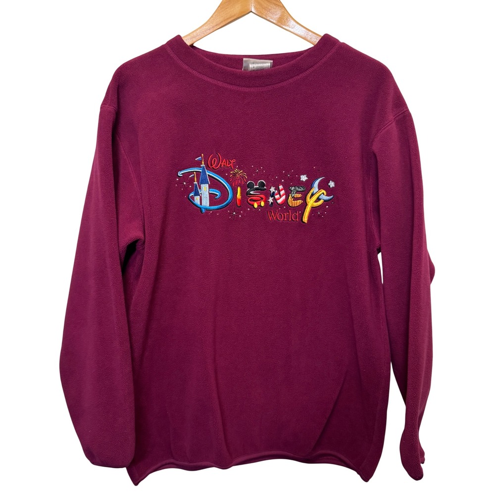 Walt Disney World Womens Fleece Pullover M Magenta Embroidered Retro Cozy